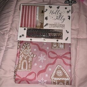 NEW Holly Jolly Pink Coquette Gingerbread Shower Curtain & Hooks NWT
